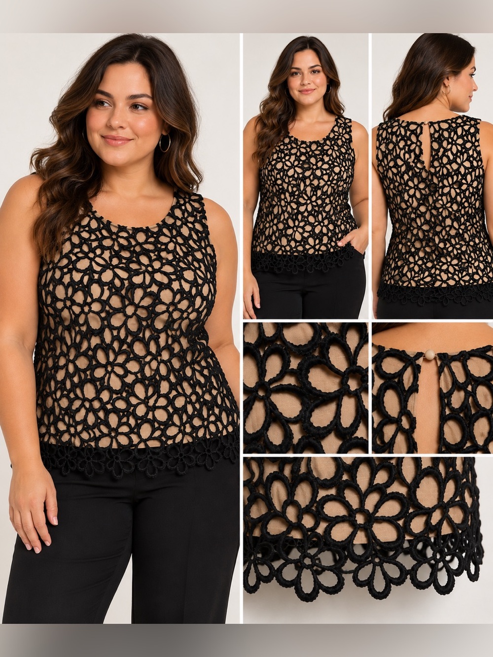 Neiman Marcus Liz Rose Black & Tan Guipure Lace Top XL NWT